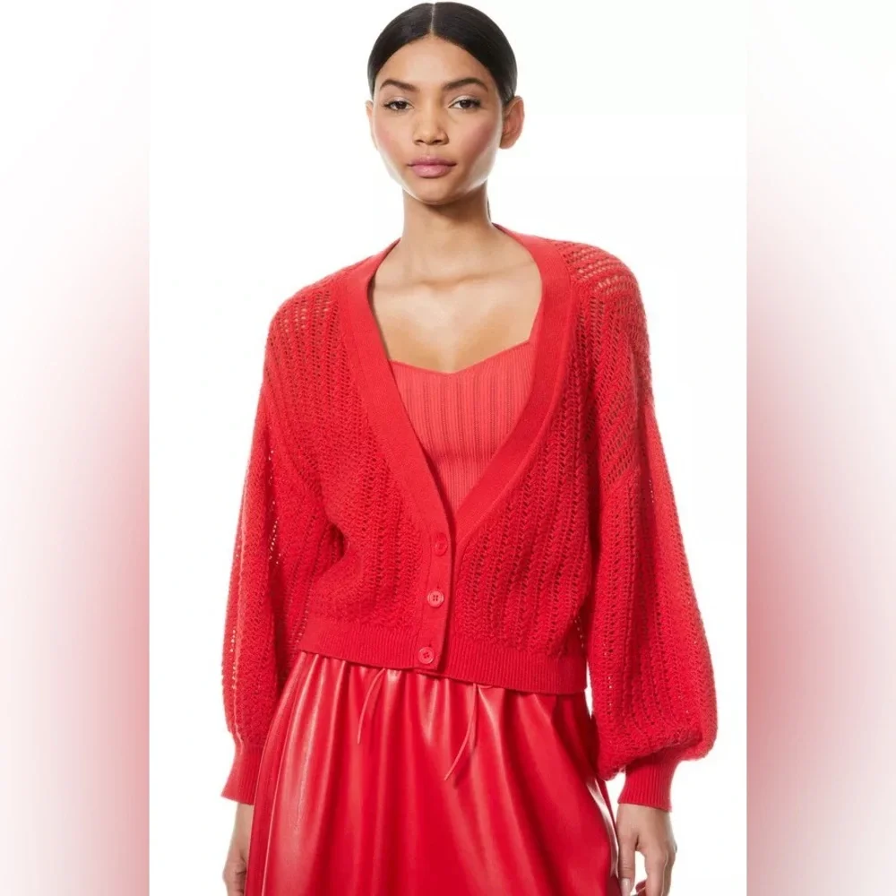 Alice + Olivia Red Windsor Deep V-Neck Slouchy Knitted Cardigan Sweater Wool XS - Picture 8 of 16